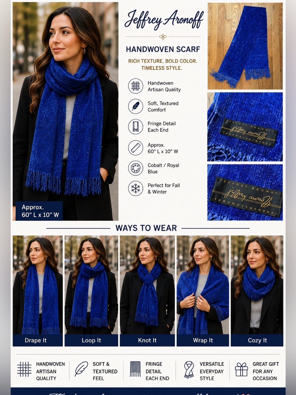 Jeffrey Aronoff Handwoven Blue Scarf Fringe 60" Textured Artisan Long Wrap